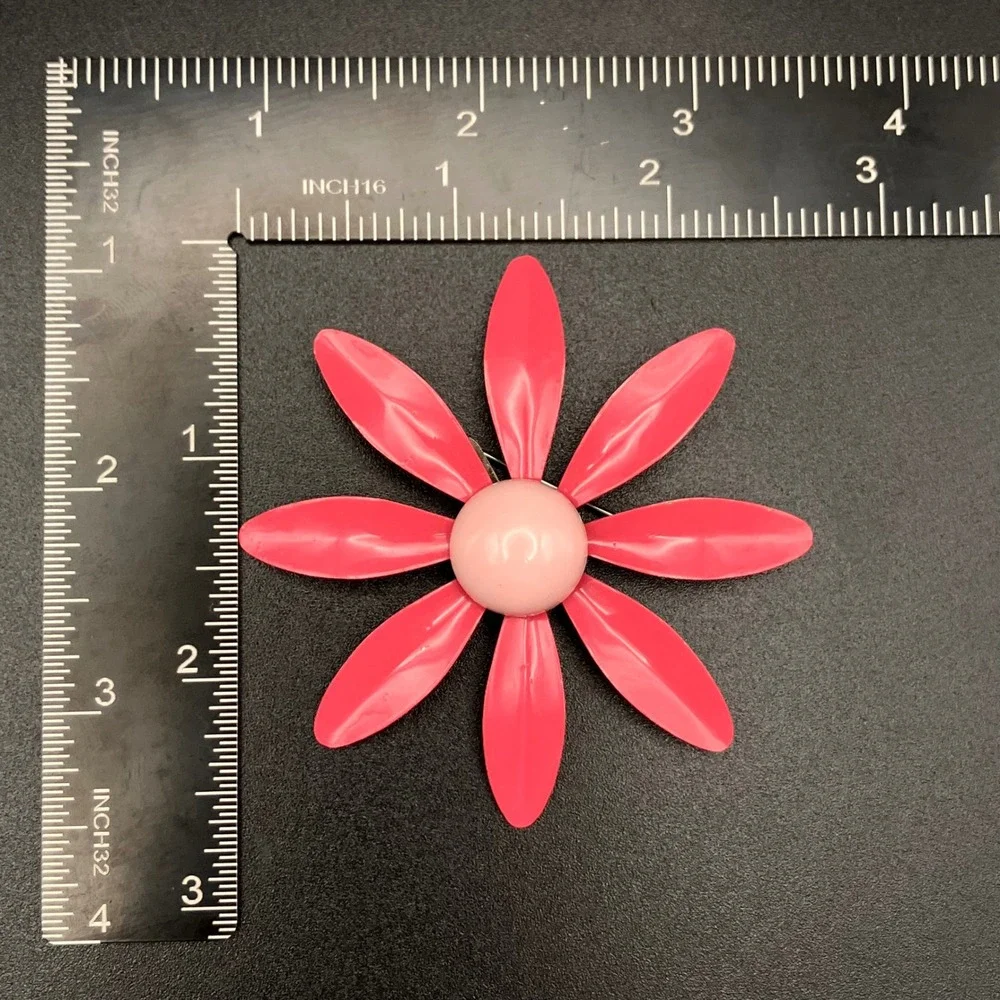 Vintage Pink Enamel Flower Brooch Mid Century Mod Pop Art Flower Power 2.75 